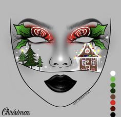 Christmas Skull Makeup, Christmas Tree Makeup, December Makeup, Christmas Avatar, Christmas Clown, Christmas Makeup Looks, Dear Face