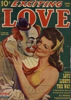 an old magazine cover with a man kissing a woman's face and the words exciting love written on it