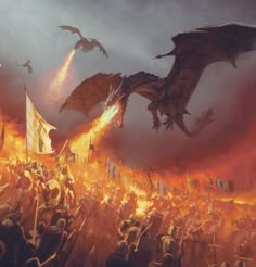 a large group of people standing around a fire filled field with dragon flying over them