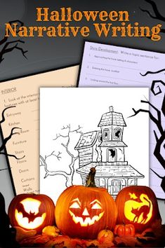 three pumpkins sitting next to each other in front of a halloween themed writing paper