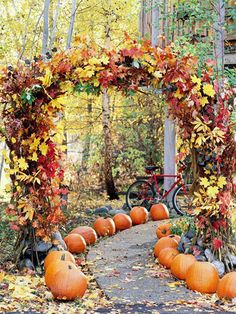 an arch with pumpkins and leaves on it in the middle of a path surrounded by trees