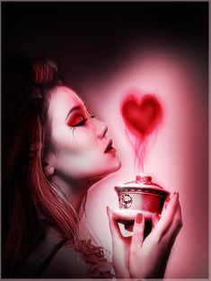 a woman holding a cup with red liquid pouring out of it and a heart shaped object above her head