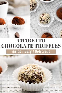 chocolate truffles on a cooling rack with text overlay that reads amaretto chocolate truffles quick and easy delicious