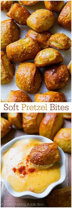 soft pretzel bites in a white bowl with dipping sauce on top and the words soft pretzel bites above it