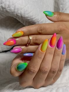 Colourful Aura Almond Nails @CleoWhenn Colorful Aura Nails, Aura Almond Nails, Aura Outfit, Pride Nail Art, Pride Nails, Long Almond Nails, Self Nail, Aura Nails, Colourful Nails