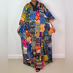 New Without Tags Handmade African Print Ankara Multicolor Patchwork Quilted Mixed Print Maxi Colorful Kaftan Dress Handmade 100% Cotton One Size Fits All Length 57” Two Side Pockets Traditional Multicolor V-neck Maxi Dress, Traditional Multicolor V-neck Dress, Multicolor Patchwork Beach Dress, Multicolor V-neck Dress With Mixed Print, Multicolor Mixed Print V-neck Dress, Multicolor Mixed Print Beach Dress, Multicolor Maxi Dress With Mixed Print, Multicolor V-neck Kaftan With Batik Print, Traditional Dresses With Multicolor Print