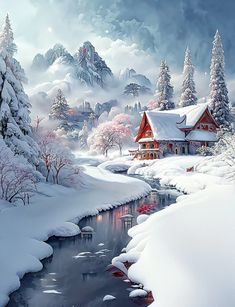 a painting of a snowy mountain scene with a house and stream