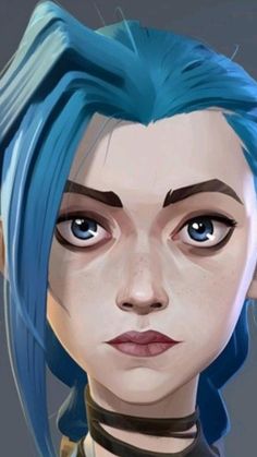 an animated character with blue hair and piercings on her ears, looking at the camera