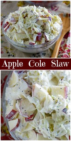 apple coleslaw salad in a glass bowl with a wooden spoon on the side