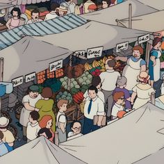 an animated image of people shopping in a market