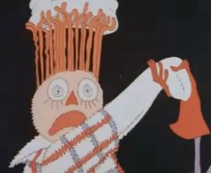 an animated image of a man with food on his head and hands in the air