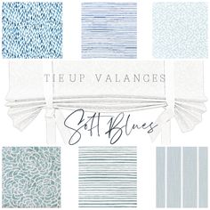 the up valancees soft blues collection is shown in shades of blue and white