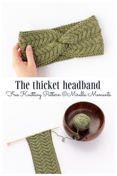 the knitted headband is made from green yarn and sits next to a wooden bowl