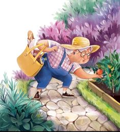 an old man is picking flowers in the garden