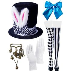 a hat, gloves, and necklaces are arranged on a white background with blue ribbon