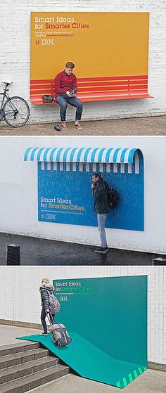 three different billboards with people sitting on the benches and one man walking down the street