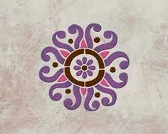 a purple and brown circular design on a white wall