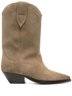 Duerto ankle boots from ISABEL MARANT featuring taupe brown, calf suede, calf leather, Western-style panelling, branded insole, double pull-tab at the opening, pointed toe, Cuban heel, leather sole and pull-on style. Heel 2 in / 5 cm; Platform 0,4 in / 1 cm Isabel Marant Boots, Boots Beige, Cuban Heels, Suede Leather Boots, Brown Ankle Boots, Leather Cap, Heeled Ankle Boots, Leather Ankle Boots, Favorite Jeans