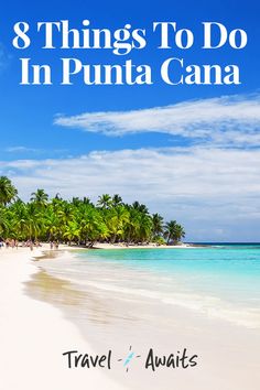 a beach with palm trees and the words 8 things to do in punia cana