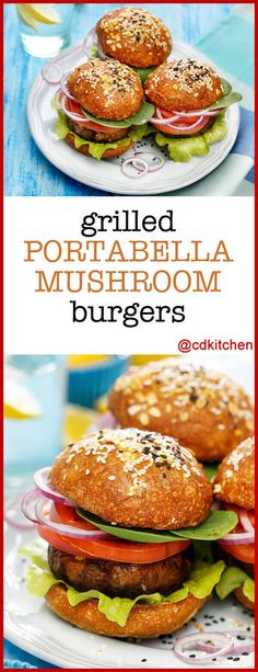 grilled pork, tomato, and mushroom burgers with text overlay that reads grilled poffababilla mushroomsburgh burgers