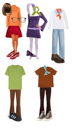 four children's clothing and shoes are arranged in the shape of an individual figure