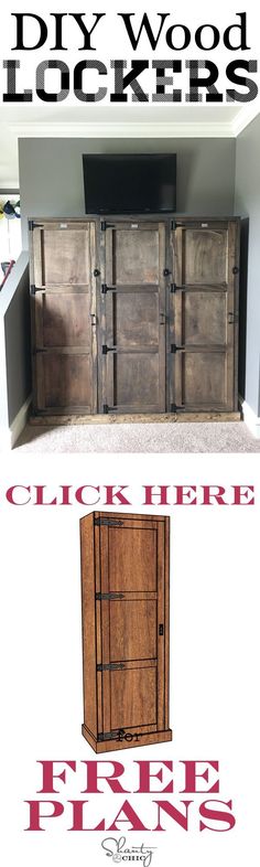 an advertisement for a furniture store with the words, diy wood lockers click here free plans