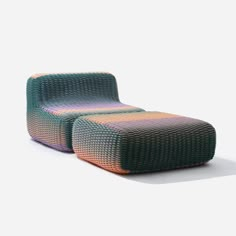 two multicolored chairs sitting next to each other on a white surface and one is made out of woven material