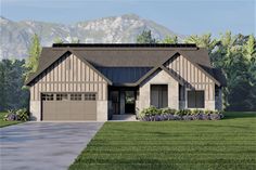 this is an artist's rendering of a house in the country with mountains in the background