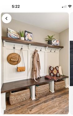 two photos side by side, one with a coat rack and the other with baskets