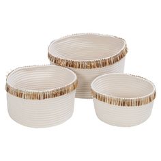 three white bowls with gold rims