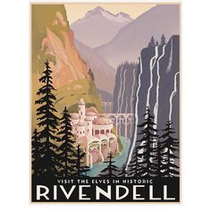 a vintage style travel poster featuring a castle in the middle of a mountain range with pine trees