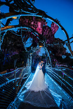 a bride and groom standing on a bridge in the middle of an illuminated forest at night