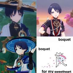 anime memes with captions that describe the differences between boquet, bouquet and for my sweetheart