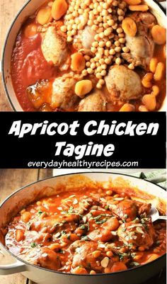 Making chicken tagine in large shallow pan and side view of ready dish. Weeknight Family Dinner, Apricot Recipes, Chicken Tagine, Apricot Chicken, Healthy Casserole Recipes, Tagine Recipes, Dairy Free Breakfasts, Healthy Casseroles, Easy Family Dinners