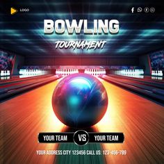 a bowling tournament flyer with a ball on the floor and lights in the back ground