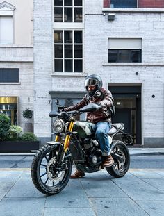 A motorcyclist wearing a Brown leather jacket and jeans on his new motorbike, a Triumph Scrambler 400x, photographed in Turin Turin Italy, Motorcycle Outfit, Turin, Cafe Racer, Motorcycles