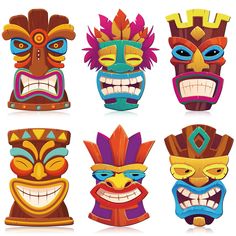 four colorful masks with different designs on them