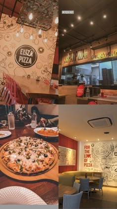 there are pictures of different pizzas in this restaurant