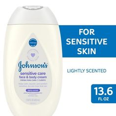 Calm, nourish, & comfort your baby's dry, sensitive skin with Johnson's Baby Sensitive Care Face & Body Cream for Babies. This gentle, hypoallergenic daily baby body & face cream for sensitive skin has a soothing, ultra-hydrating formula that provides immediate & long-lasting moisture with a non-greasy feel. Clinically proven mild & clinically tested on dry, sensitive skin, the lightly scented moisturizer is formulated with sunflower oil & moisturizing Pro-Vitamin B5 to help relieve & prevent dr Johnson Body Lotion, Johnson Baby Oil Uses Skin Care, Johnson Baby Lotion, Natural Baby Lotion, Johnson Baby Shampoo, Baby Lotion, Baby Skin Care, Cream Lotion, Baby Oil