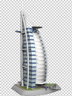 an architectural model of the burj building in dubai, with blue and white stripes