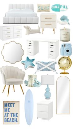 a collage of white furniture and accessories including a bed, dresser, mirror, lamp, surfboard