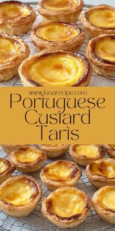 there are many small tarts on the plate with text overlay that says portuguese custard tarts