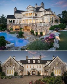 two different views of a large house with a pool in the front and an outside view of