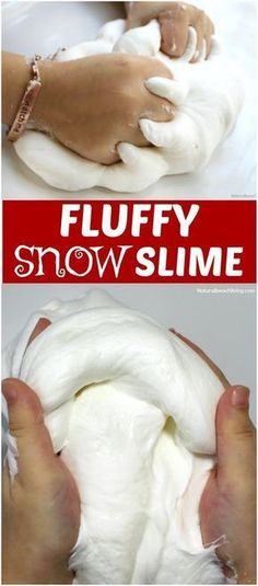 two pictures showing how to make fluffy snow slime with hands on the top and bottom