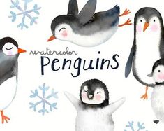 watercolor penguins with snowflakes and words written in english on the back ground