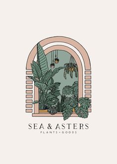 the sea and asters logo with plants in front of an arched window on a white background