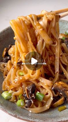 noodles with mushrooms and green onions on a plate