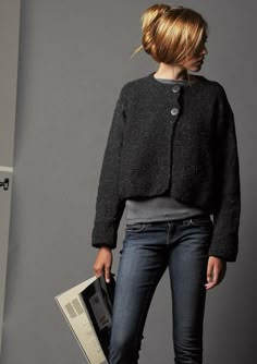 Stitch Jacket, Knitted Wit, Garter Stitch, 가을 패션, Looks Style, Knitting Inspiration, Knit Jacket, Black Jacket, Knit Patterns