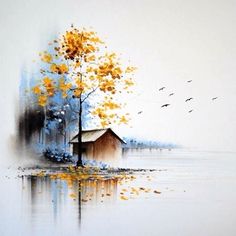 a painting of a tree with yellow leaves and birds flying over the water in front of it