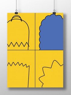 a yellow and blue poster hanging on a wall